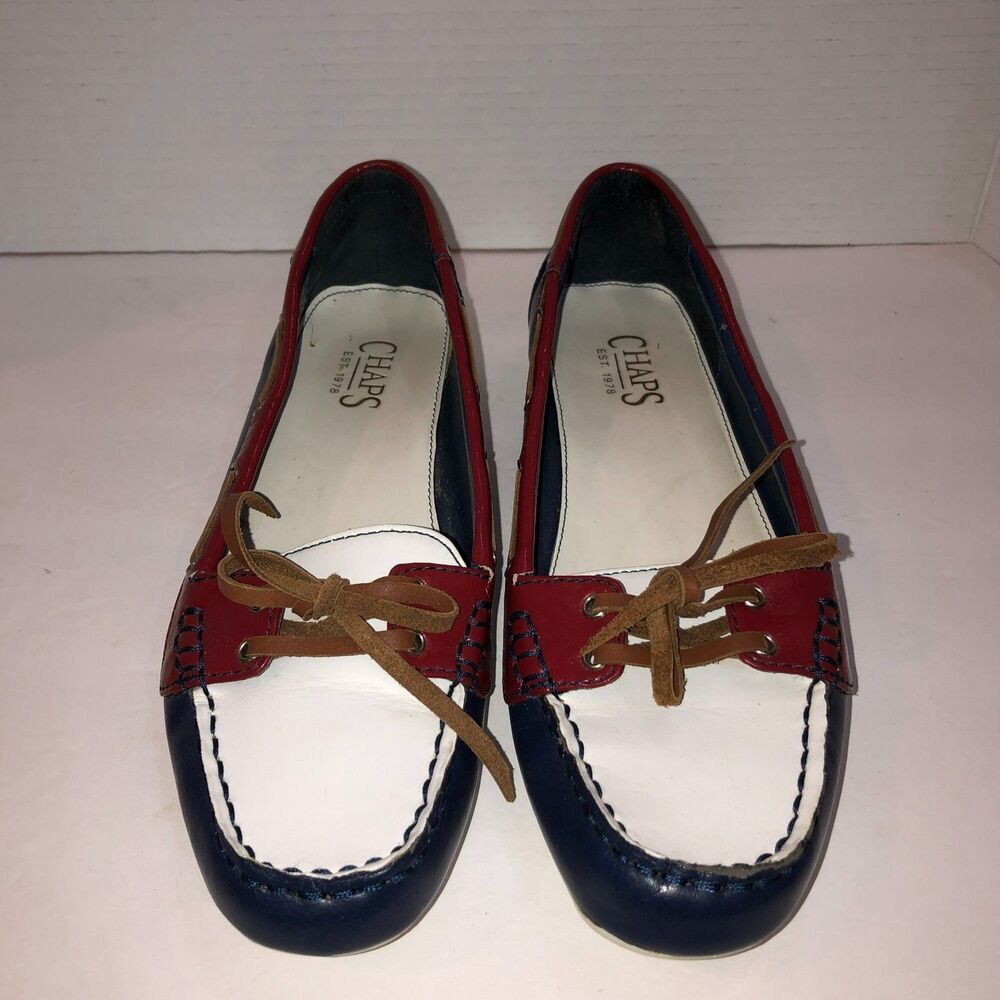 Chaps Size 8.5 B Red White Blue Loafers Shoes Leather Ties Patriotic USA